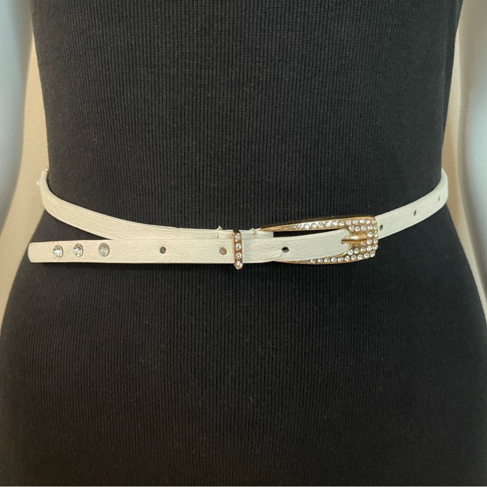 White faux leather with rhinestones details  minimalist skinny belt